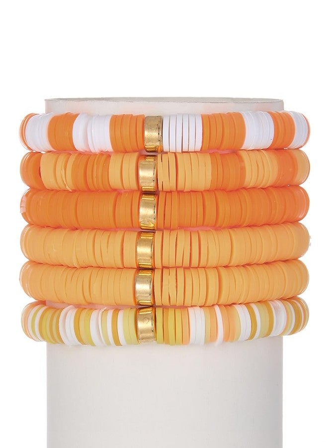 SCRDPRAD Macaron Multi-layer 6Pcs Bohemia Bracelet for Women Heishi Clay Bead Stretch Bracelets Stackable Colorful Summer Beach Hawaii Boho Jewelry Aesthetic Charm Rainbow Puka Shell Bracelets-Orange - Image 3